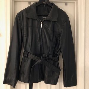 Outbrook Women's Black Genuine Leather Zip w/Belt Jacket Large